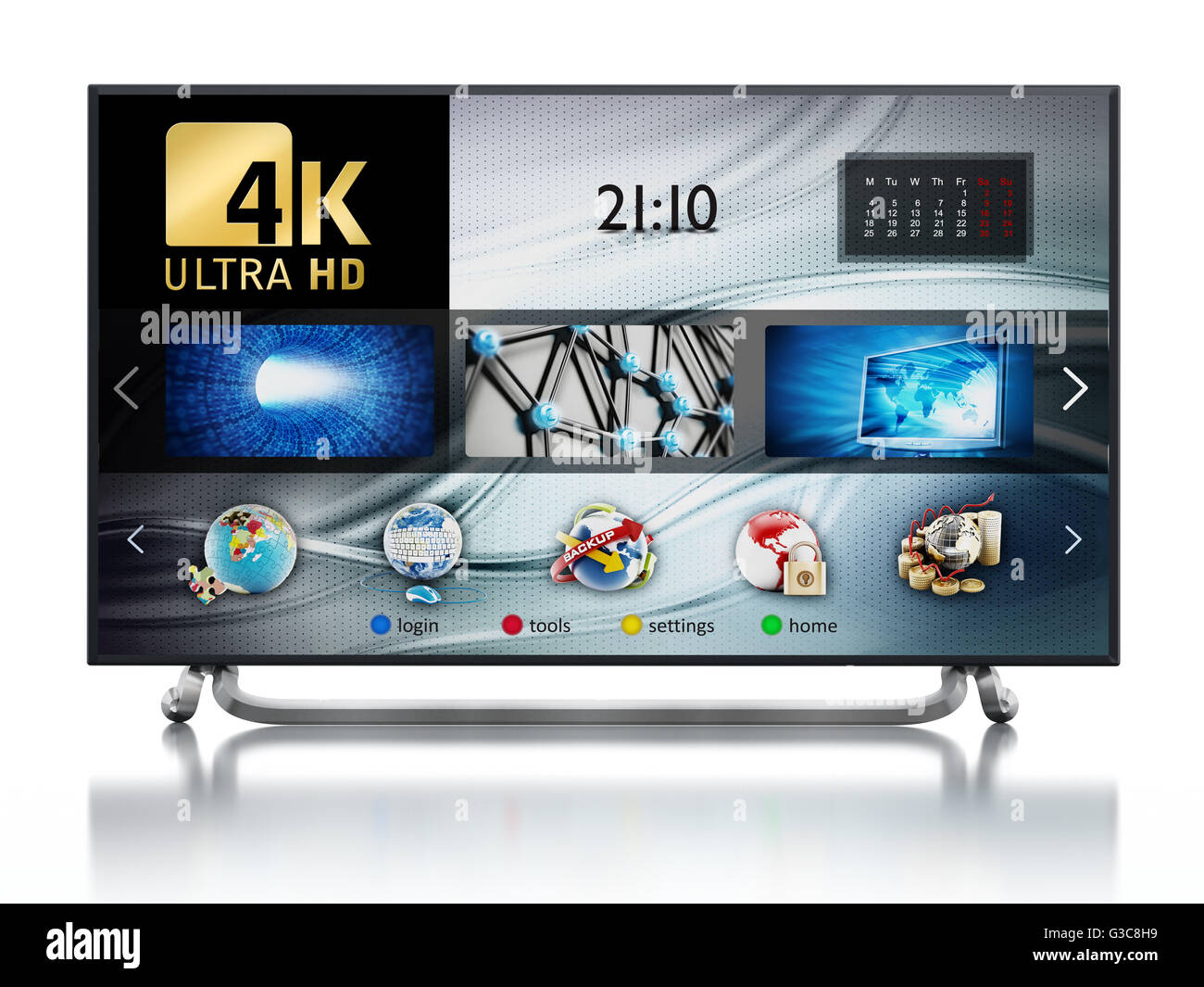 4K ULTRA HD Fernseher isoliert auf weißem Hintergrund. 3D illustration Stockfoto