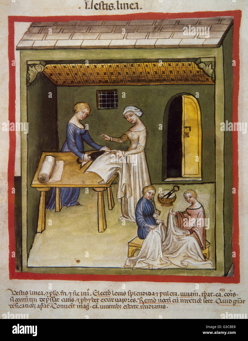 Tacuinum Sanitatis. 14. Jahrhundert. Mittelalterliche Handbuch der Gesundheit. Leinenstoffe. Folio 105v. Stockfoto