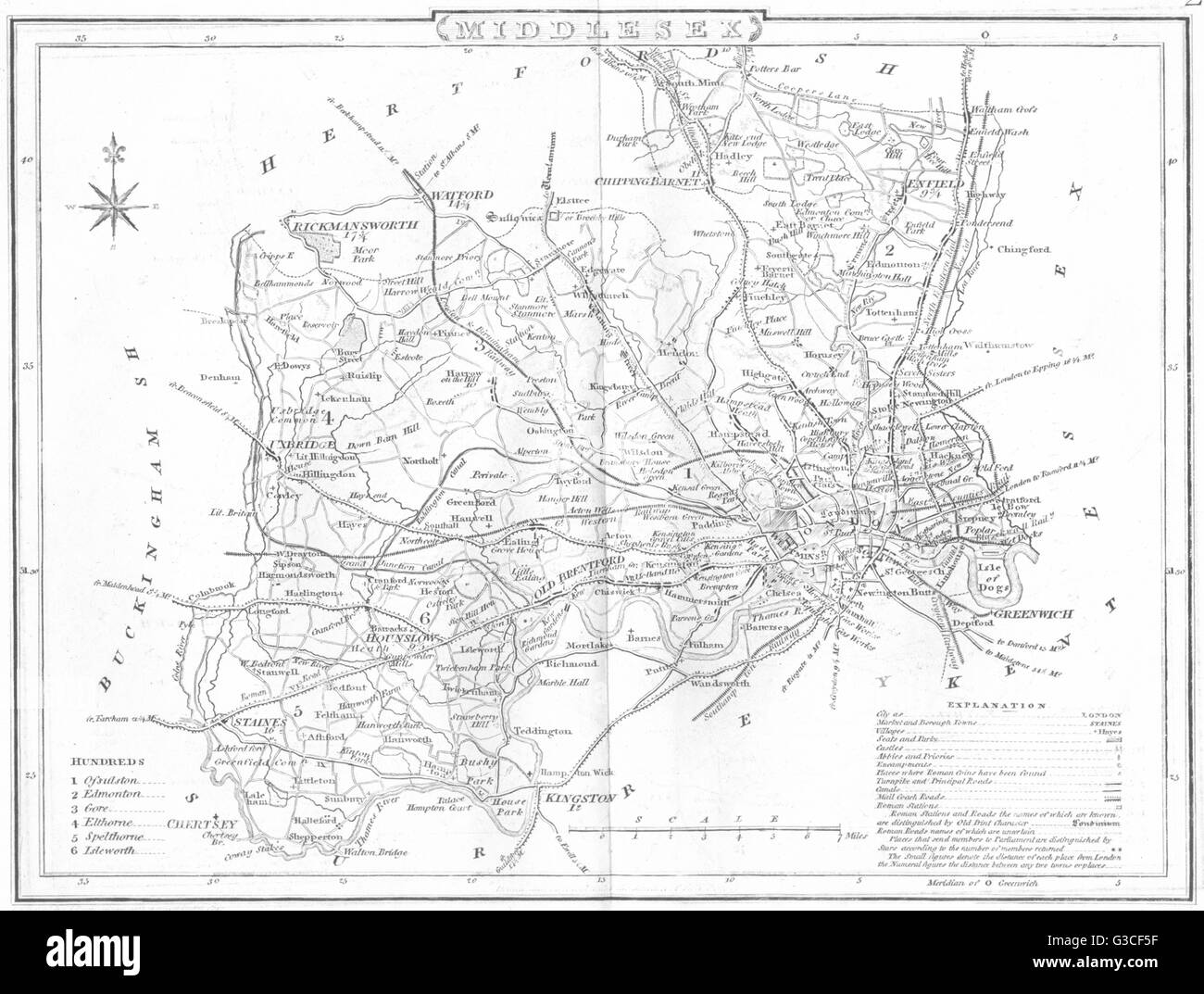 MIDDLESEX: Kreiskarte. Polling-Orte. Trainer-Straßen. DUGDALE, 1845 Stockfoto