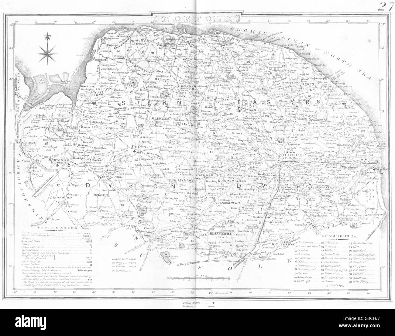 NORFOLK: Kreiskarte. Polling-Orte. Trainer-Straßen. DUGDALE, 1845 Stockfoto