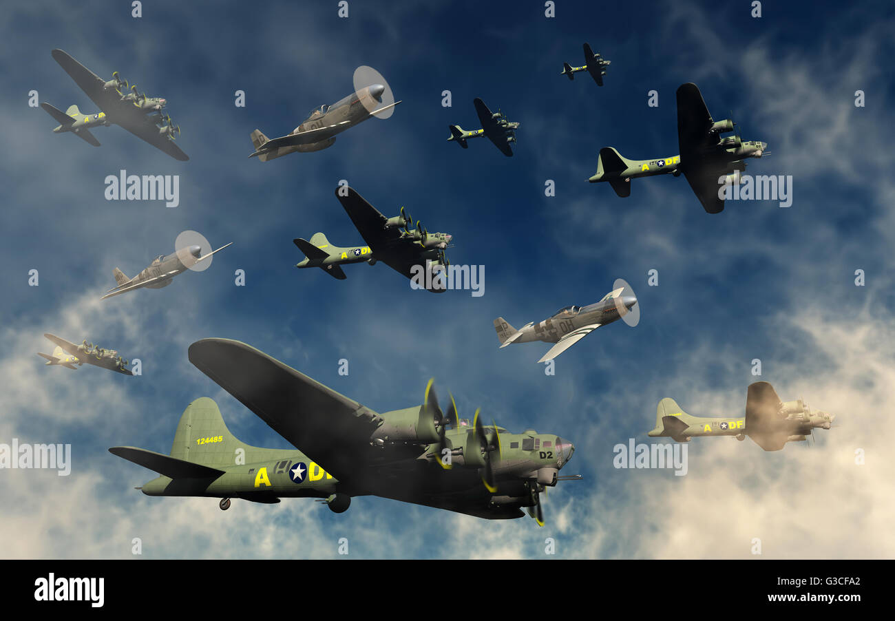 B-17 Bomber, begleitet von Seite 51 Mustangs. Stockfoto