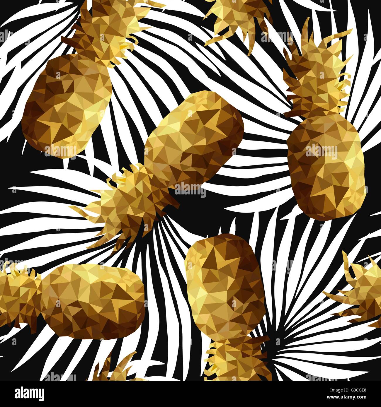 Luxus retro Sommer nahtloses Muster, Hintergrund Farbe gold Ananas Frucht low-Poly-Stil mit Natur Palm Tree Blattformen Stock Vektor