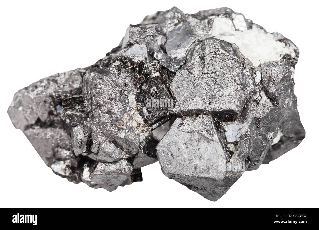 Makroaufnahmen von Naturstein - große Kristalle von Magnetit Mineral Stein (Eisenerz) isoliert auf weißem Hintergrund Stockfoto