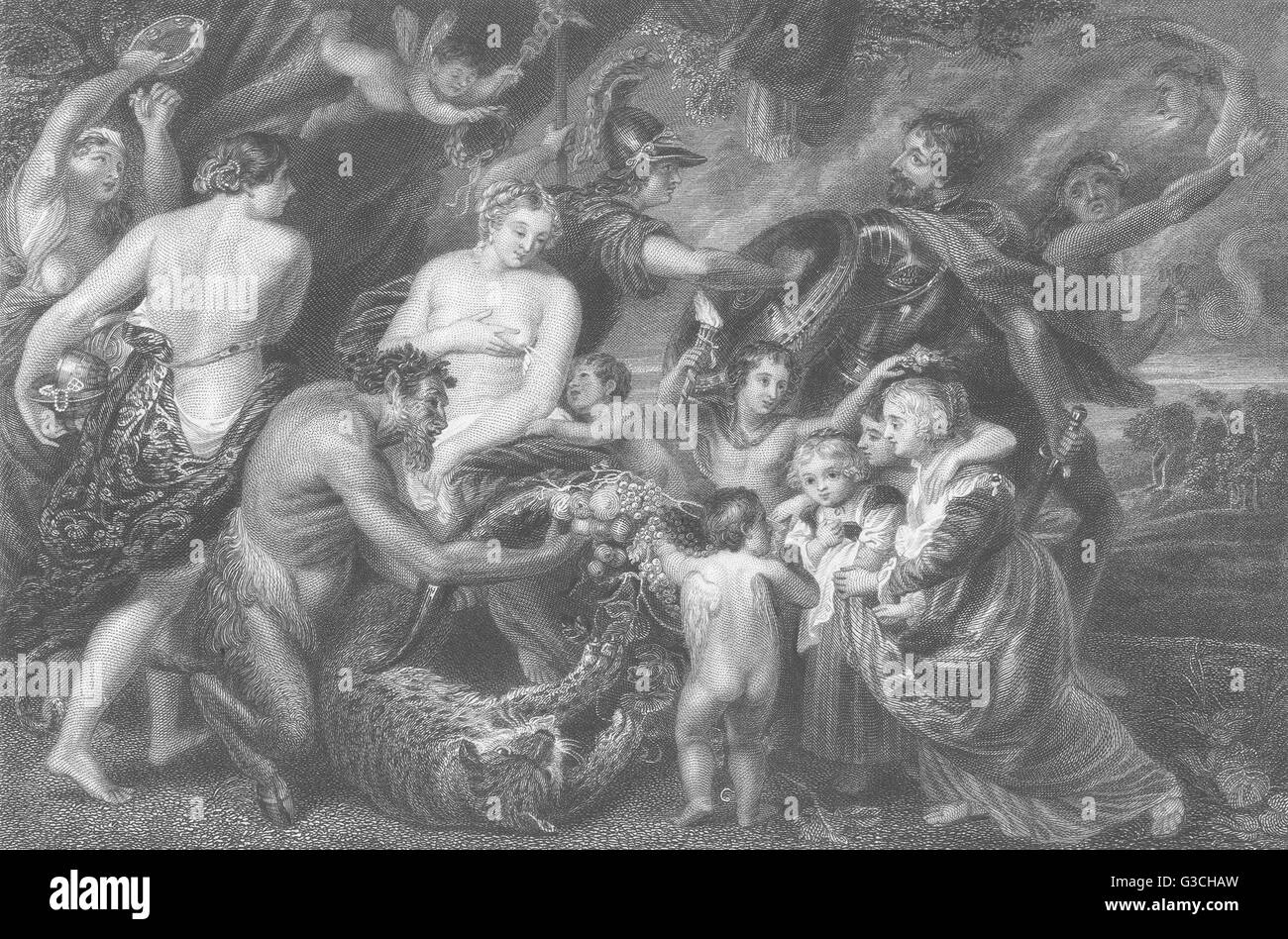 Krieg und Frieden: Sir Peter Paul Rubens, antique print 1835 Stockfoto