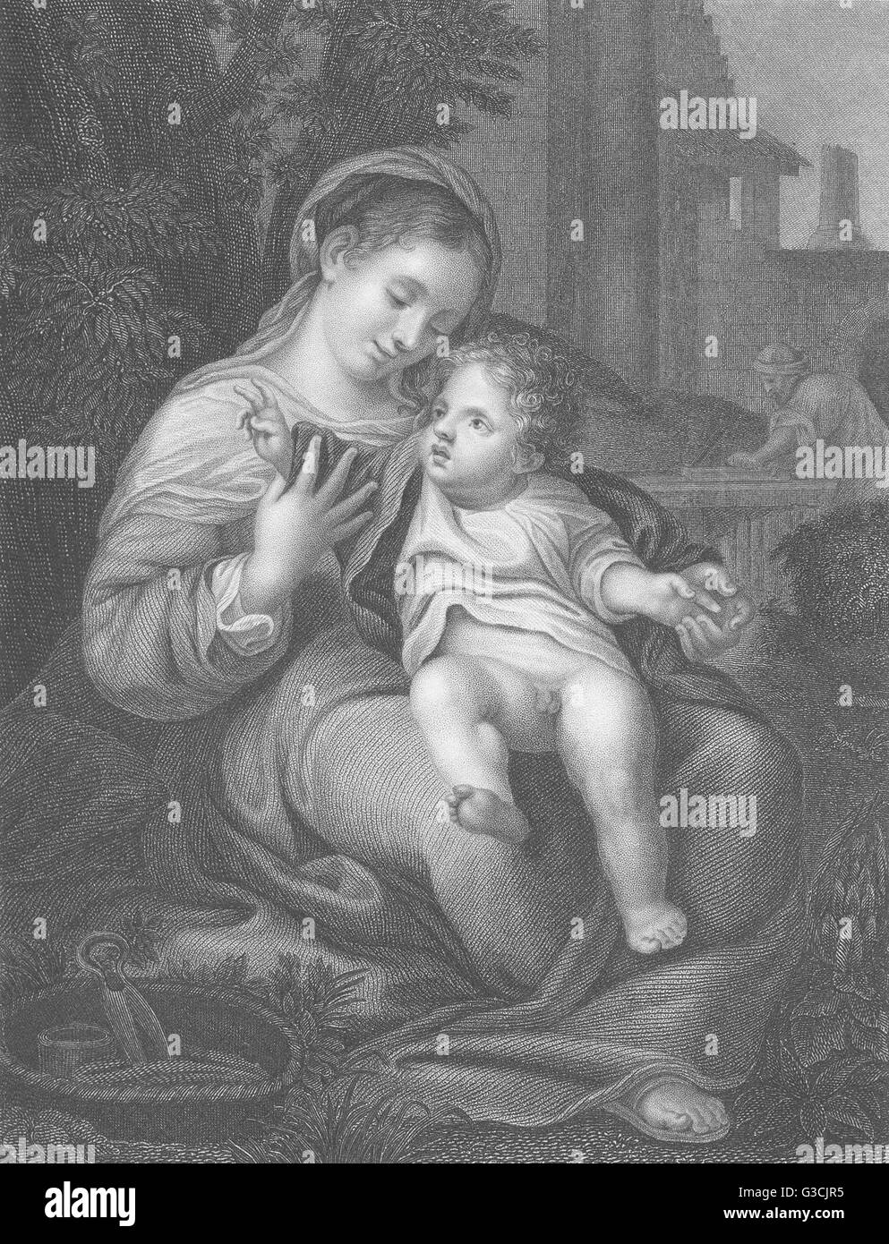 DIE Heilige Familie: aus dem bewunderten Gemälde von Correggio, antique print 1835 Stockfoto
