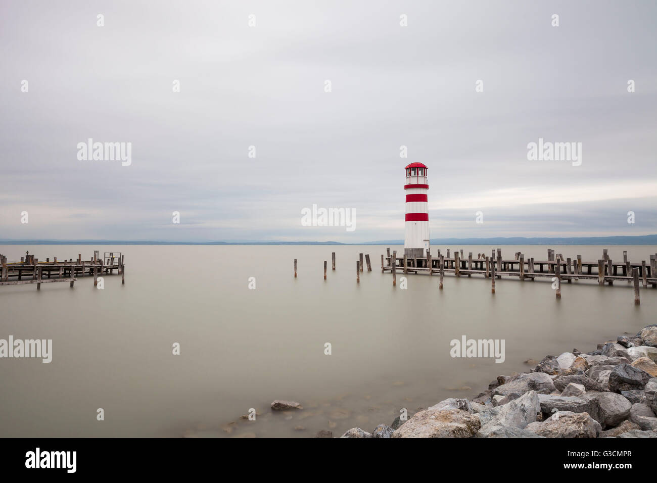 Leuchtturm in Podersdorf bin See, Neusiedler See, Burgenland, Österreich, Stockfoto