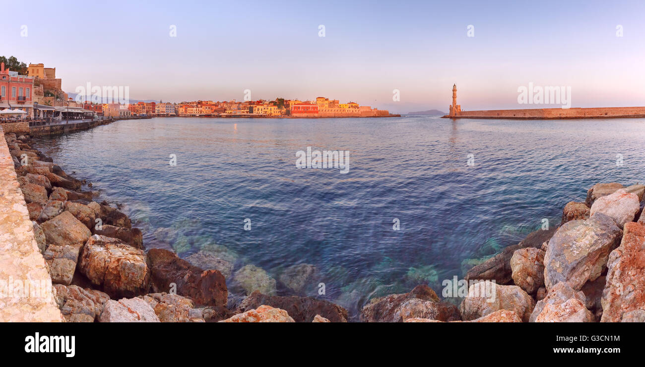 Panorama alte Hafen, Chania, Kreta, Griechenland Stockfoto