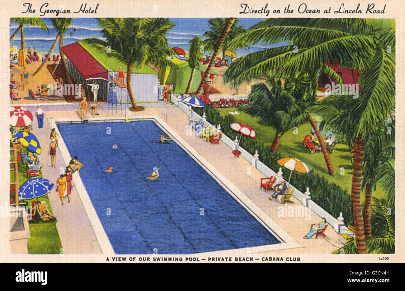 Das Georgian Hotel, Lincoln Road, Miami Beach, Florida, USA, mit über 100 Zimmer mit südlichen Charme, einen eigenen Strand und Schwimmbad. Hier zu sehen ist das Schwimmbad, Privatstrand und Cabana Club.      Datum: ca. 1940 Stockfoto