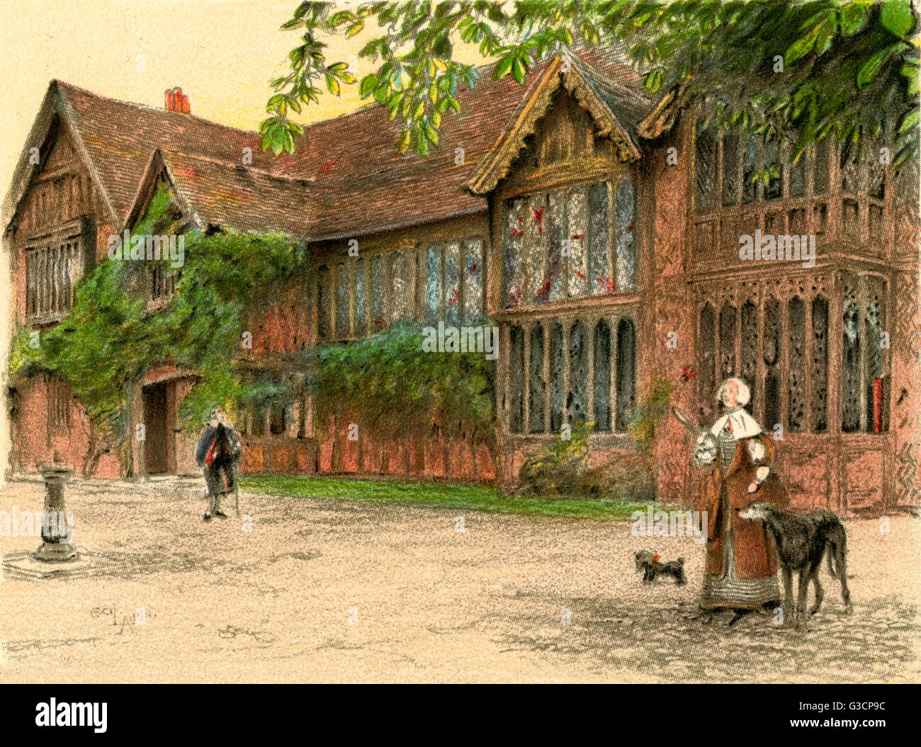 Illustration von Cecil Aldin, alte Herrenhäuser--Ockwells Manor House, ein 15. Jahrhundert Fachwerk-Herrenhaus in der Nähe von Maidenhead, Berkshire.  Zeigt die Vorderseite des Hauses mit Menschen und Hunden.      Datum: 1923 Stockfoto