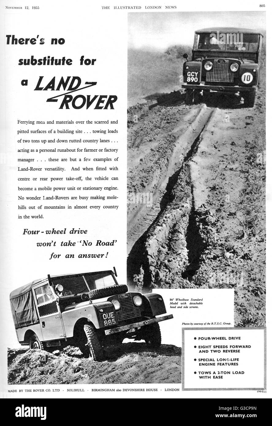 Werbung für Land Rover, der britische Allrad-Antrieb, Langlauf, Off-Road-Fahrzeug.      Datum: 1955 Stockfoto