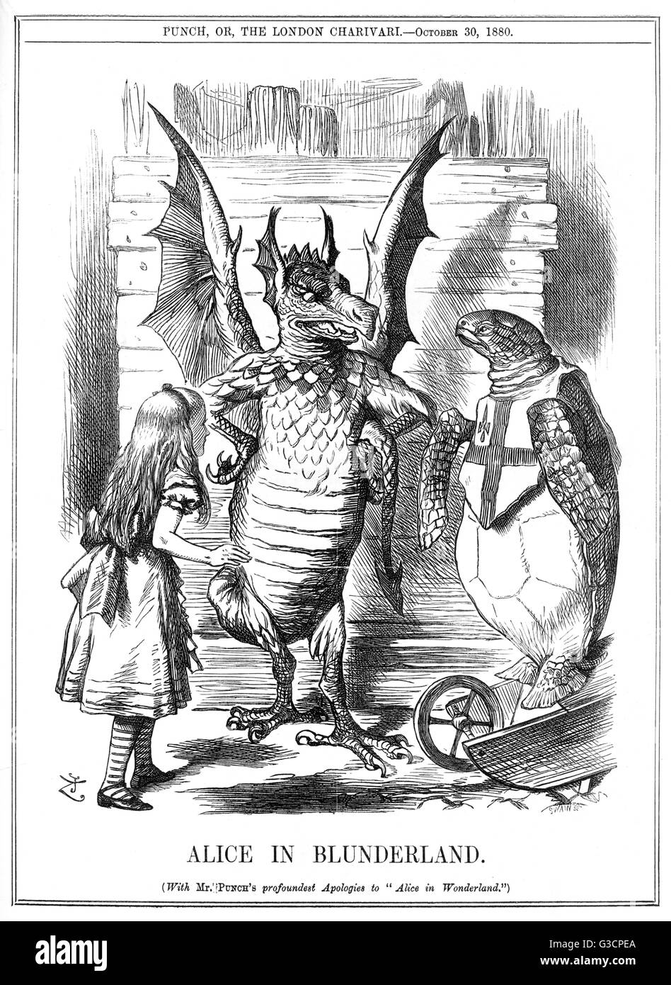 Alice im Perlentaucher. Alice mit der Greif und der Mansion House Schildkröte. Karikatur von John Tenniel in Punch (mit Herrn Punch tiefste Entschuldigung an Alice im Wunderland).     Datum: 1880 Stockfoto