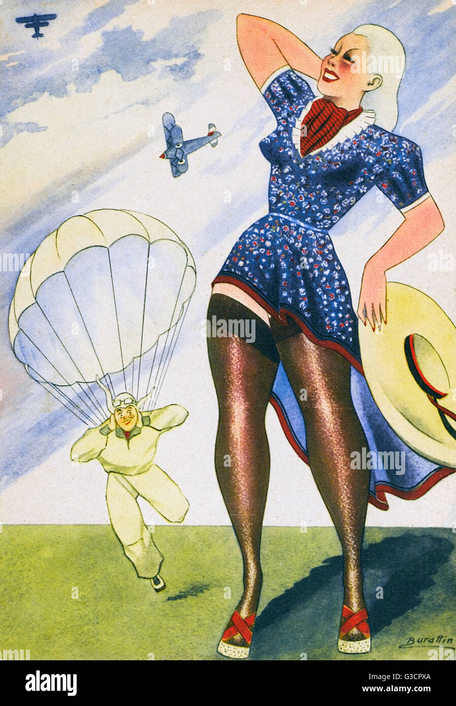 WW2 - Propaganda - Fallschirmspringen sicher zurück zu seinem Mädchen Stockfoto