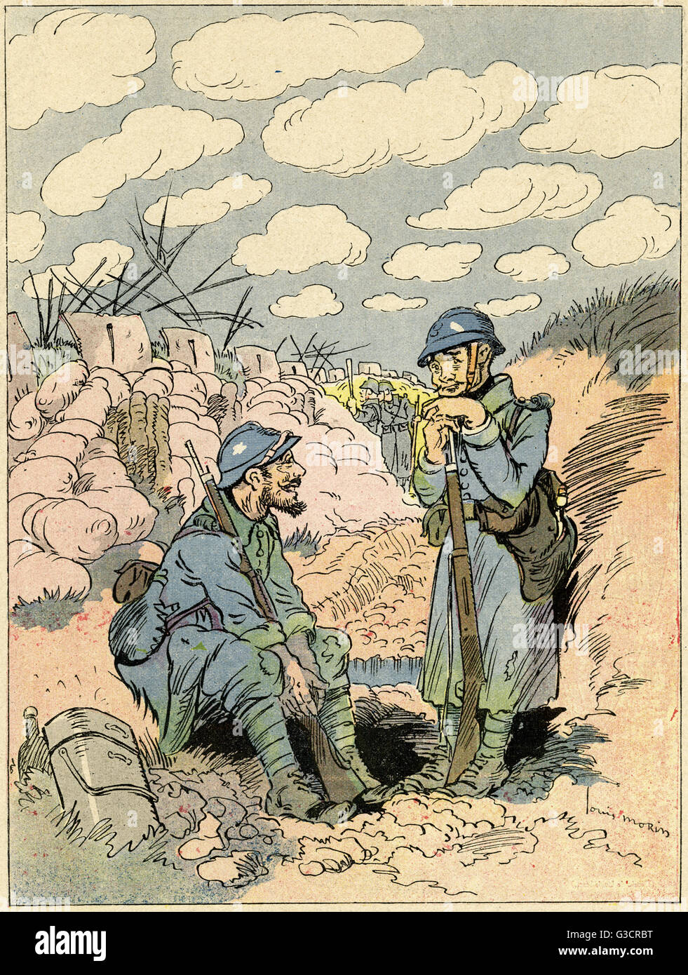 Cartoon, der Soldat, der aus dem Urlaub zurückgekehrt ist, WW1 Stockfoto
