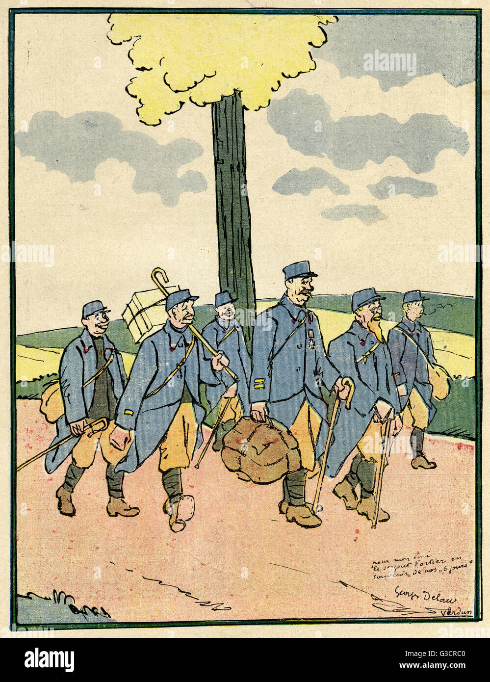 Cartoon, Soldaten, die aus dem Urlaub zurückkommen, WW1 Stockfoto