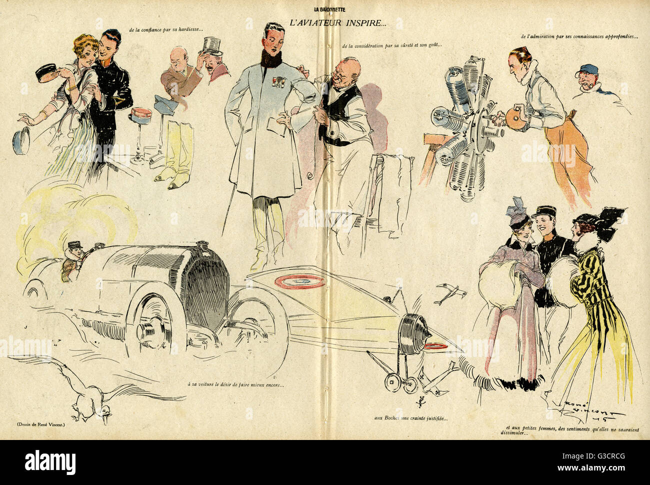 Cartoon, der französische Flieger als Held, WW1 Stockfoto