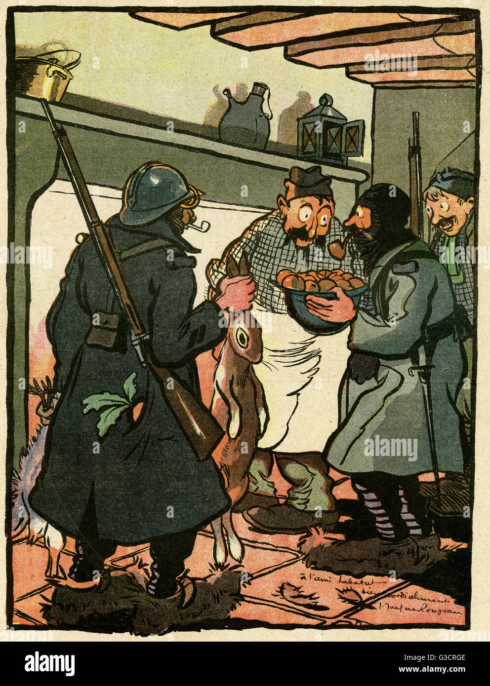 Cartoon, der Feinschmecker.  Soldaten mit einer Schale von Äpfeln, ein Kaninchen und eine Karotte Versprechen einer Köchin, dass wenn sie von Patrouille zurück sie ihm einige Gefangene bringen.       Datum: 1916 Stockfoto
