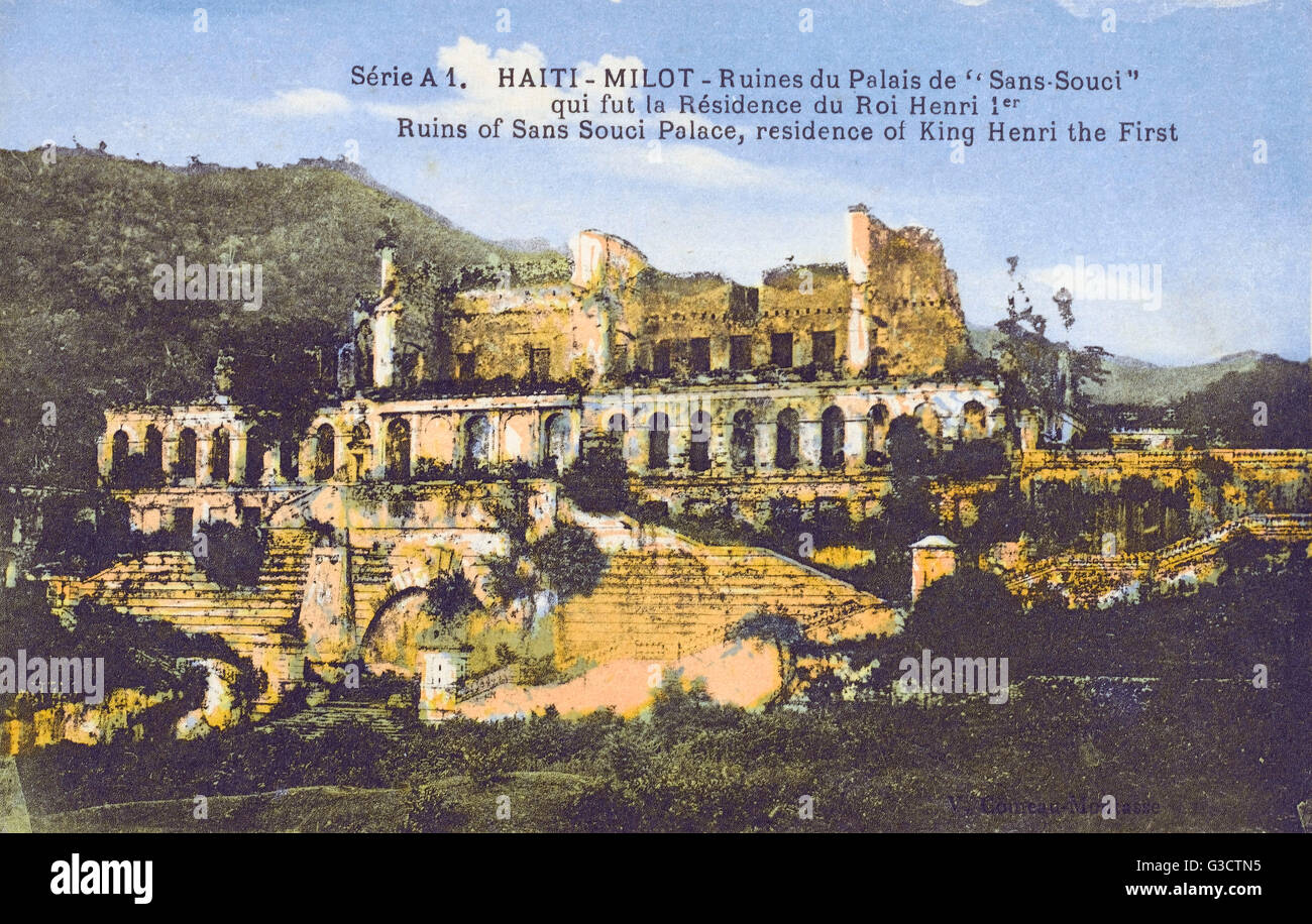 Die überwucherten Ruinen des Palastes von Sans-Souci war die königliche Residenz von König Henri i. von Haiti, Königin Marie-Louise und ihren beiden Töchtern in Milot, Haiti. Ein schweres Erdbeben im Jahre 1842 einen beträchtlichen Teil des Palastes zerstört und verwüstet die nahe gelegenen ci Stockfoto