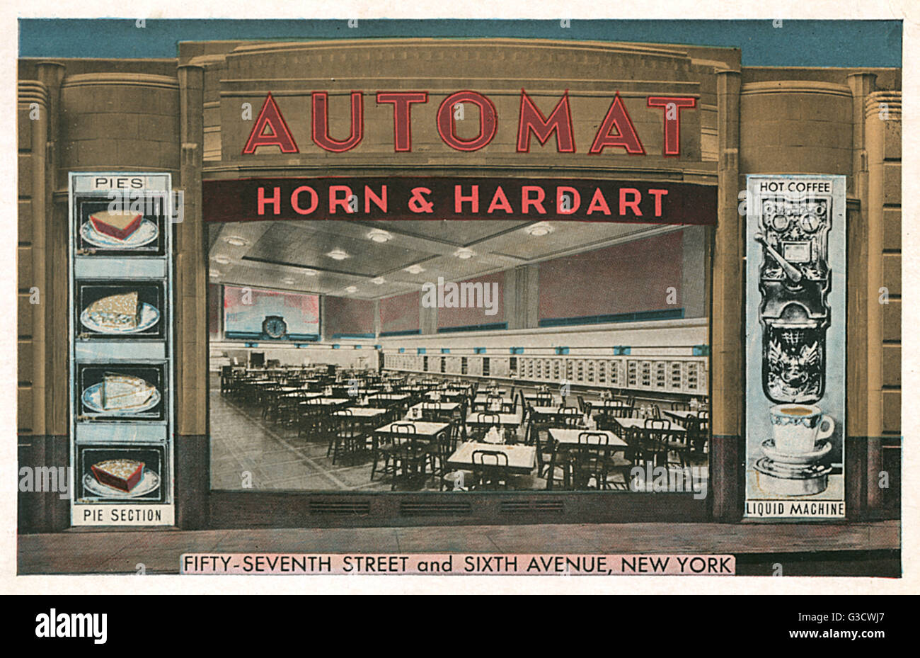 Horn &amp; Hardart Automat, 57th Street und 6th Avenue, New York City, USA, zu einer großen Kette von Cafés und Restaurants, in denen mehr als eine halbe million Menschen pro Tag.      Datum: um 1930 Stockfoto