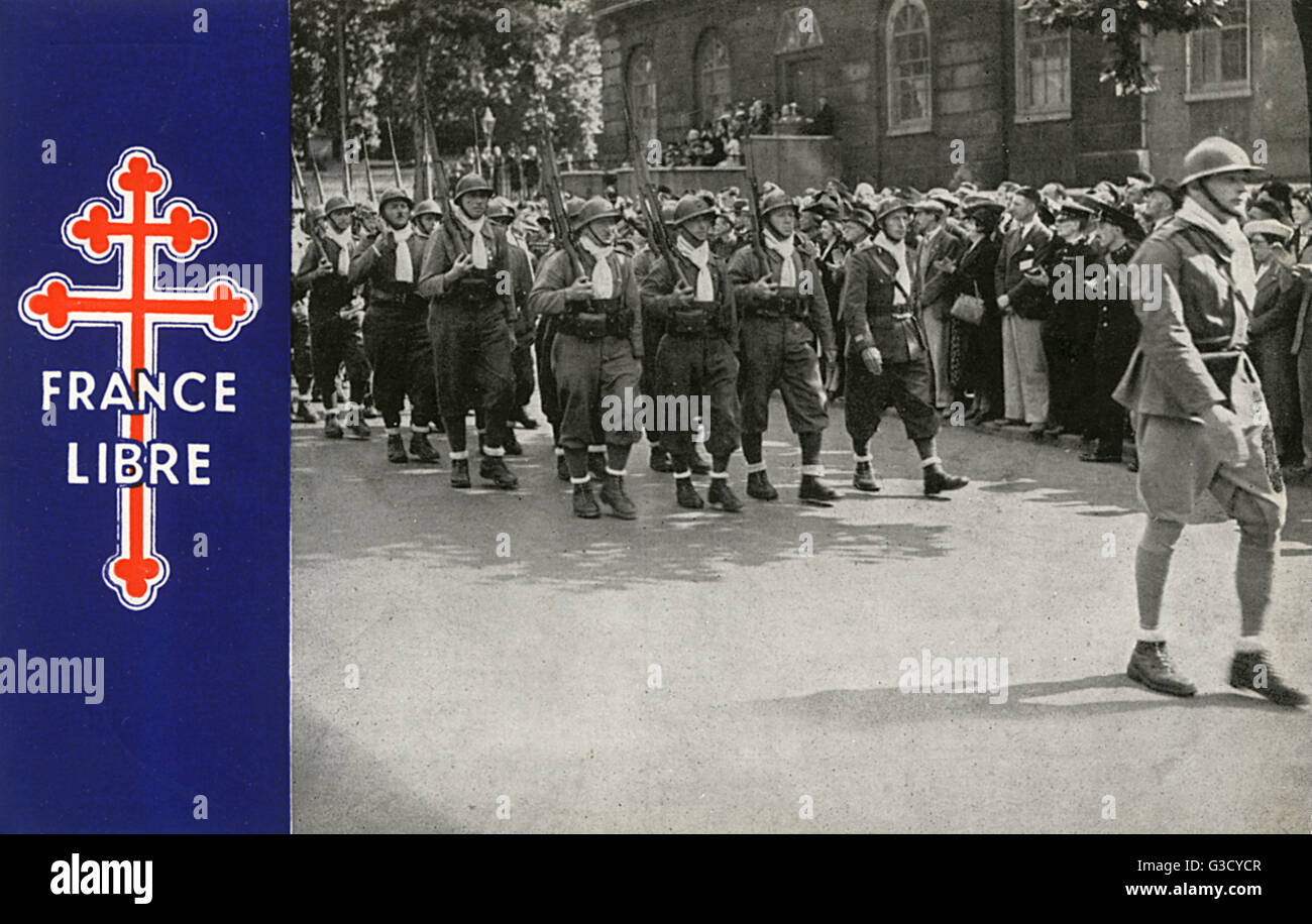 WW2 Uhr: Freie französische Truppen marschieren durch London Stockfoto