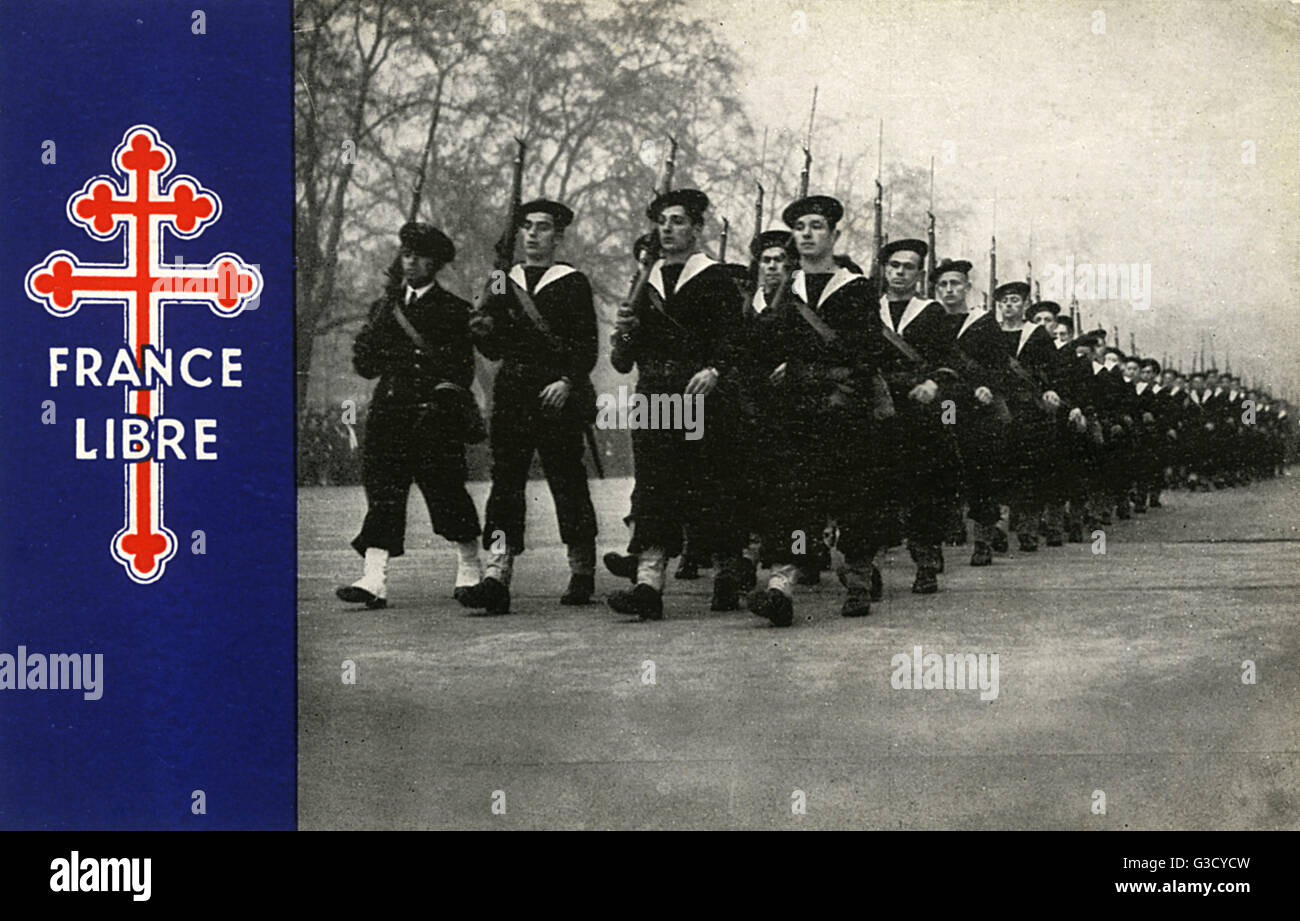 WW2 Uhr - Freie französische Matrosen auf einem marsch Stockfoto