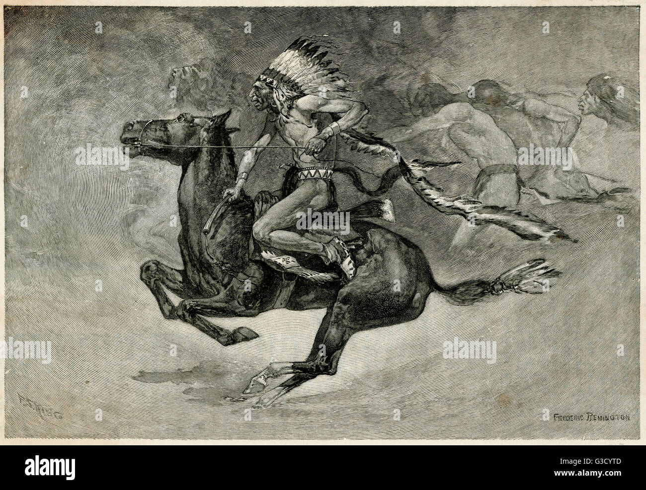 Ein tribal Pony Tanz, zeigt einen indianischen Reiten in Tracht und eine Gruppe von Indianern im Hintergrund singen.      Datum: 1891 Stockfoto