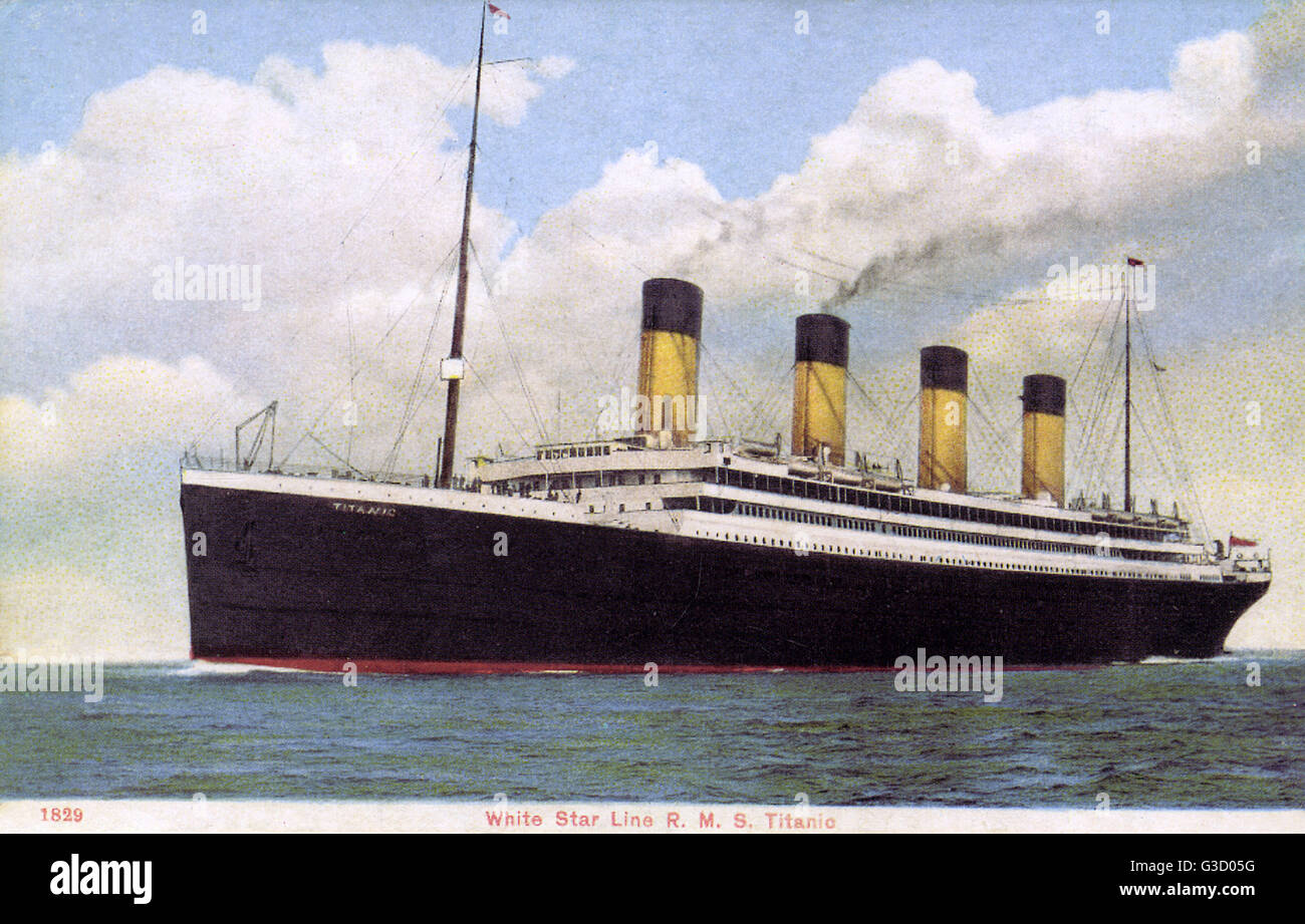 Die RMS Titanic, das größte Schiff flott zum Zeitpunkt es in Dienst gestellt, war das zweite von drei Olympischen Klasse Ozeandampfer von der White Star Line betrieben und wurde gebaut von der Werft Harland &amp; Wolff in Belfast - sank sie nach dem Auftreffen auf eines Eisbergs auf Stockfoto