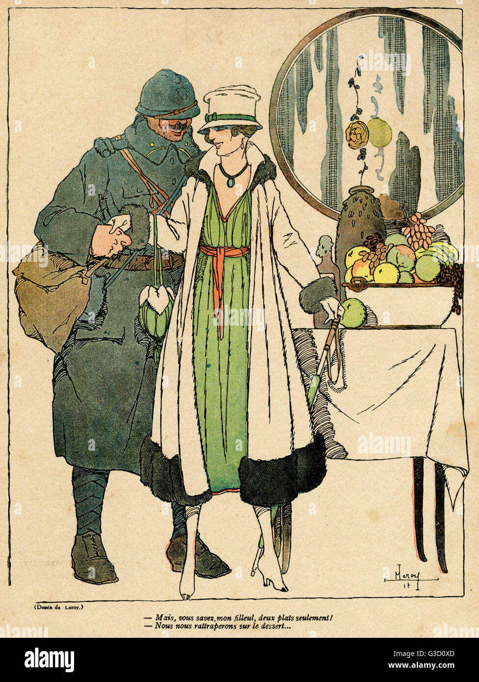 Cartoon, Soldat und Patentante mit Früchten, WW1 Stockfoto