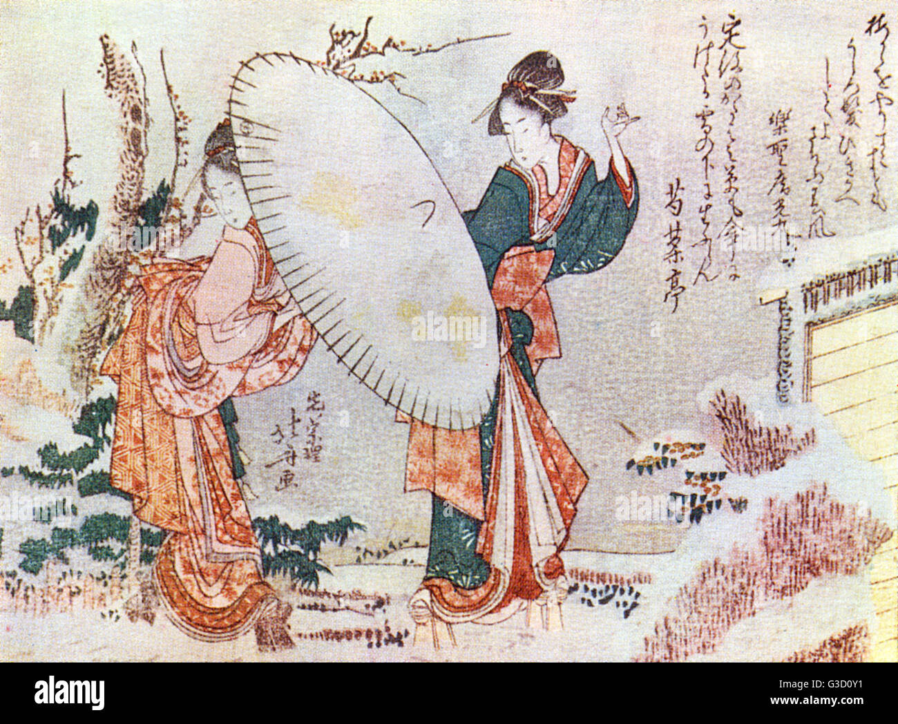 Reproduktion von einem Holzschnitt von Katsushika Hokusai (1760-1849) mit dem Titel: "Mädchen im Schnee wandern" Datum: circa Anfang des 19. Jahrhunderts Stockfoto