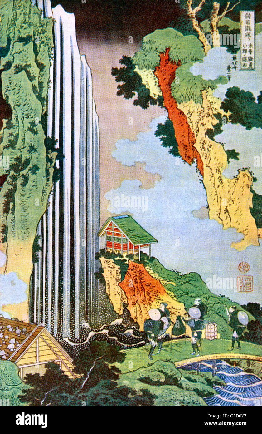 Hokusai Woodcut - der Wasserfall in Ono Stockfoto