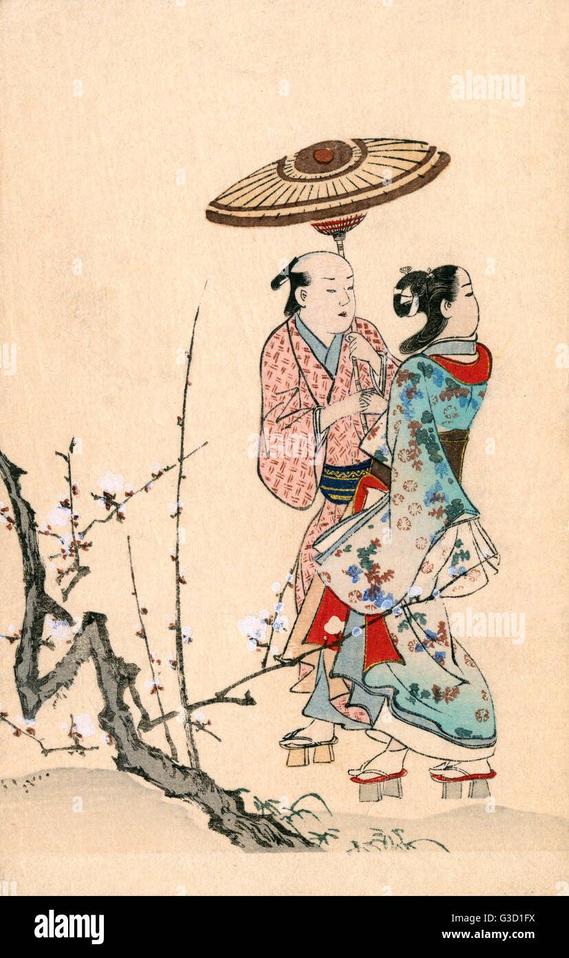 Japanische Kunst - ein Paar für einen Spaziergang - Frühling Stockfoto
