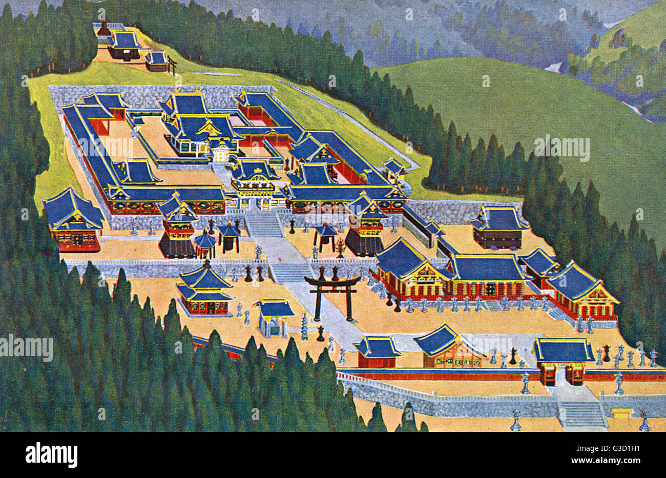 Japanische Kunst - Darstellung eines Kaiserpalastes auf dem Land Stockfoto