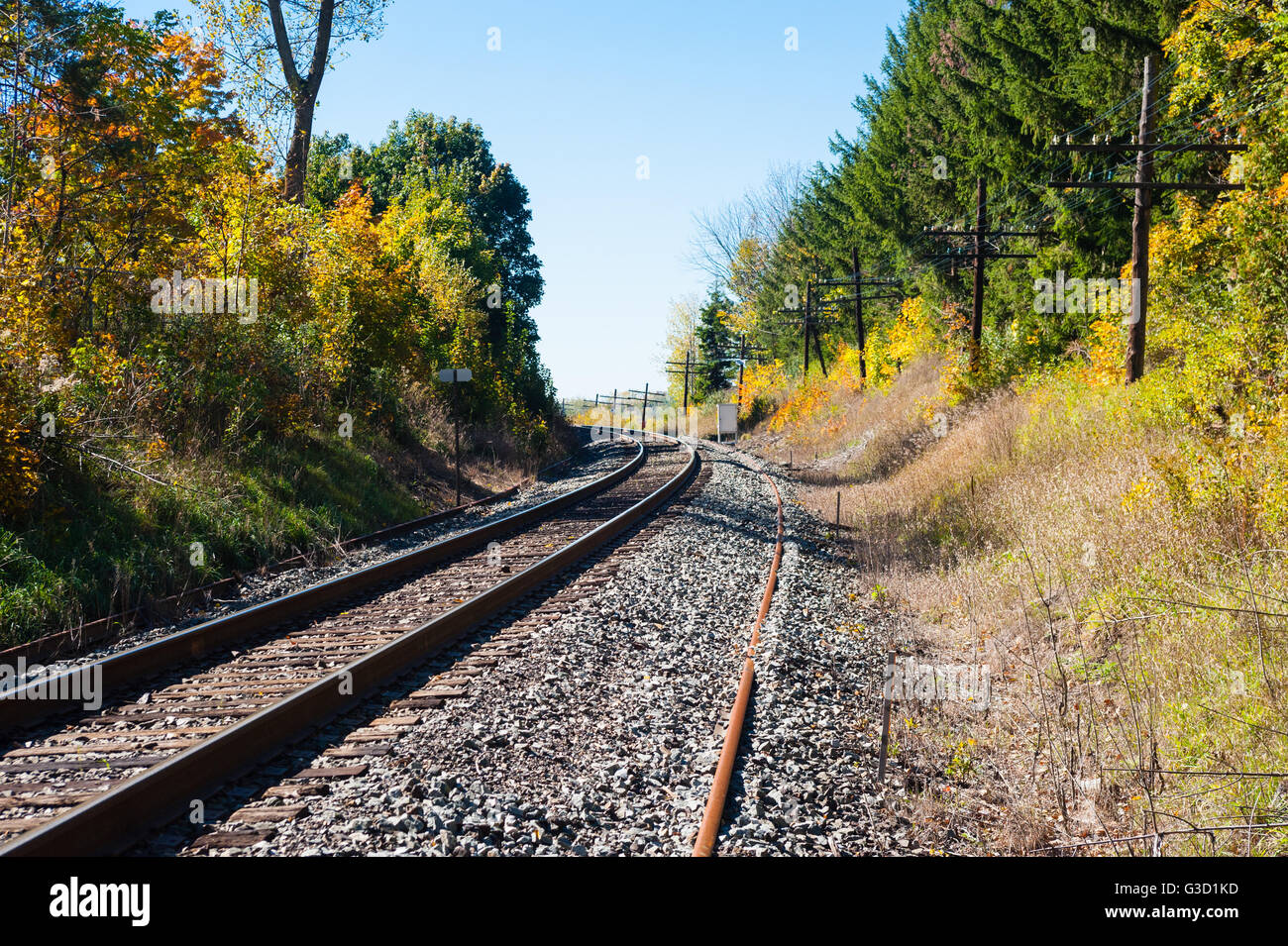 Schienen Sie auf Kiesbett geschwungene links durch Bäume im Herbst, mit Telegrafenmasten auf rechten Seite. Stockfoto