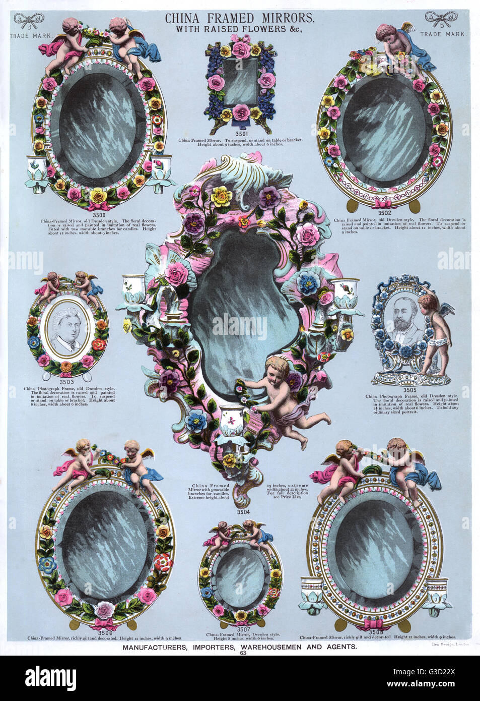 China gerahmte Spiegel und fotografieren Frames mit erhöhten Blumen und Amoretten, Platte 63.      Datum: ca. 1880 s Stockfoto