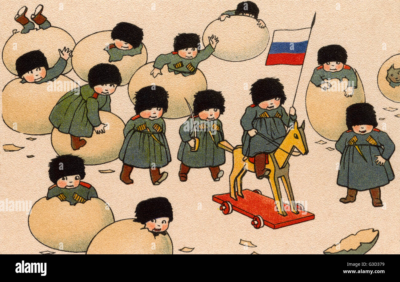 Russische Soldaten schlüpfen aus Eiern - Osterpostkarte Stockfoto