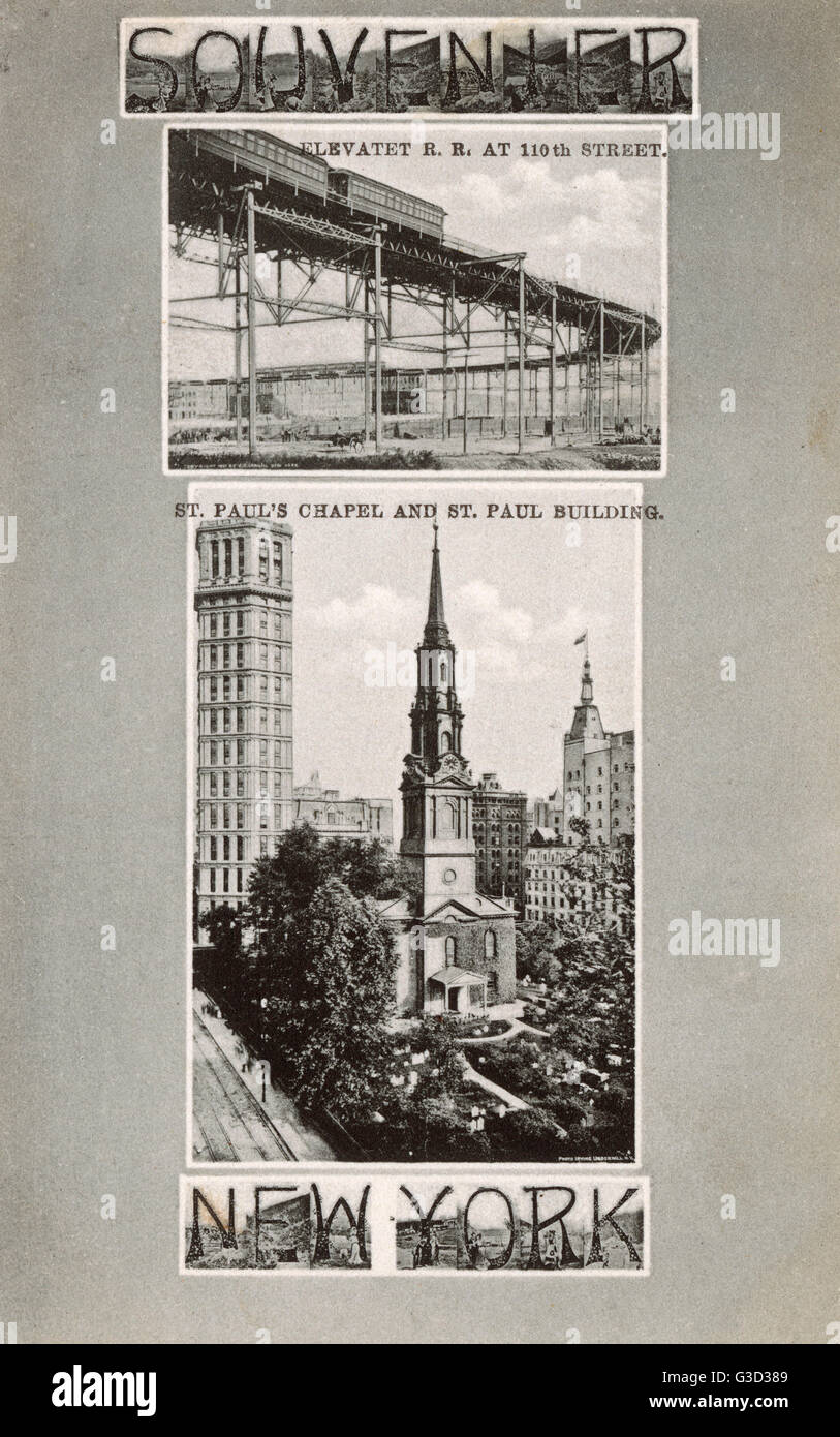 NYC - Elevated Railway an der 110. Street und St. Pauls Kapelle Stockfoto