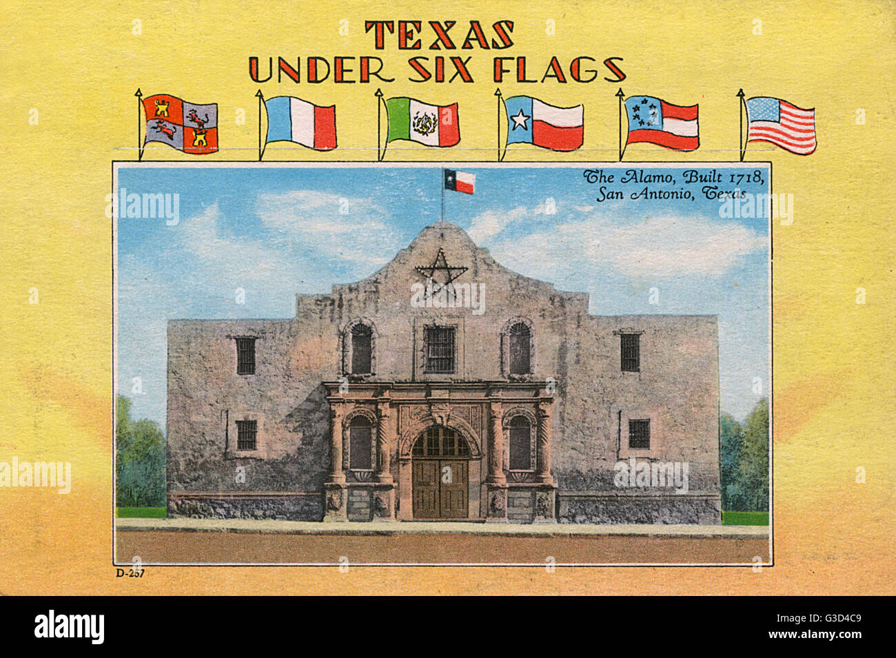 Texas unter Six Flags, zeigt The Alamo, San Antonio, Texas, USA. Ursprünglich war es eine römisch-katholische Mission der Szene des Kampfes während der Texas Revolution von 1836.      Datum: 1920er Jahre Stockfoto
