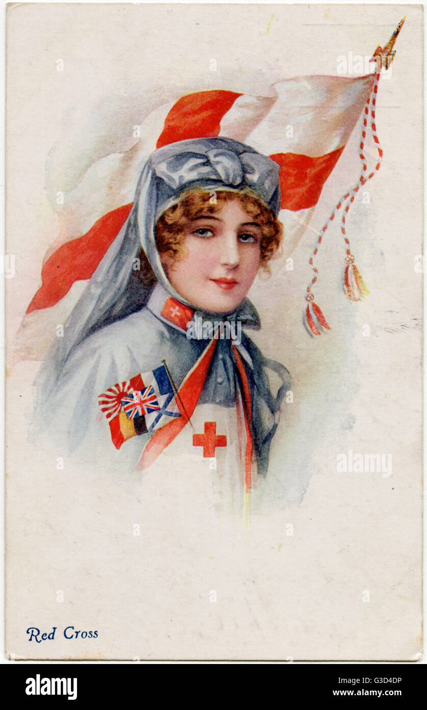 Internationale Rotkreuz-Krankenschwester mit englischer Flagge Stockfoto