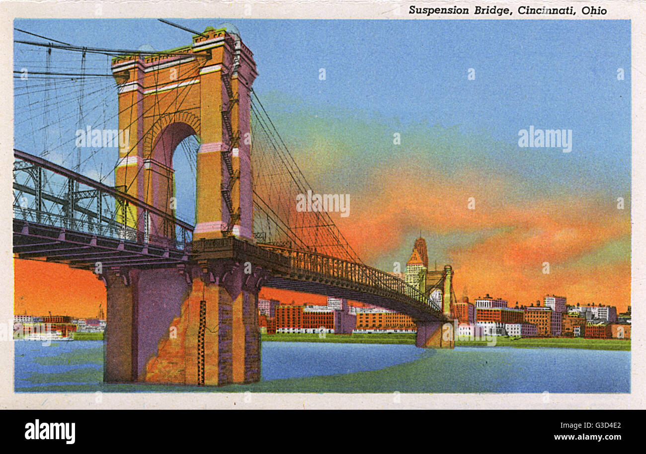 Ohio River mit Hängebrücke, Cincinnati, Ohio, USA Stockfoto
