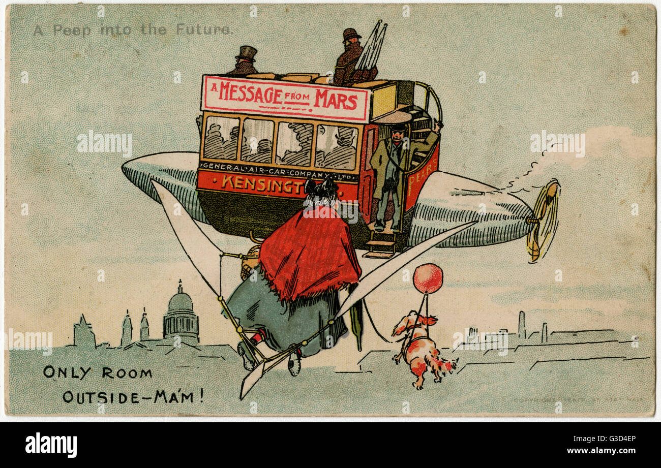 Zukunftsprognose - Fliegender Bus - Humorvolle Postkarte Stockfoto