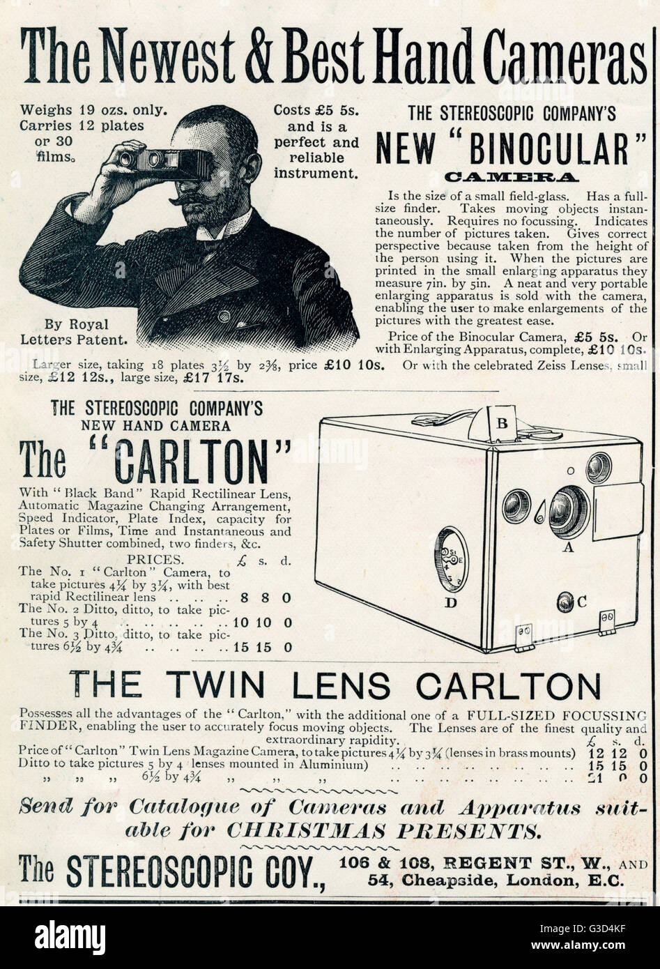 Werbung für Stereoscopic Company, Handheld-Kameras 1894 Stockfoto