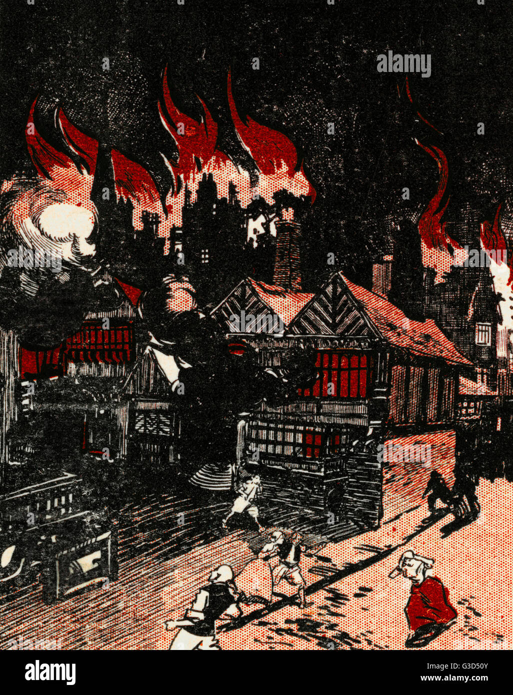 Der große Brand von London, die in der Bäckerei von Thomas Farriner (oder Farynor) in der Pudding Lane, kurz nach Mitternacht am Sonntag, 2. September, begonnen und verbreitete sich schnell in der City of London West. 2016 ist der 350. Jahrestag des die Conflagratio Stockfoto