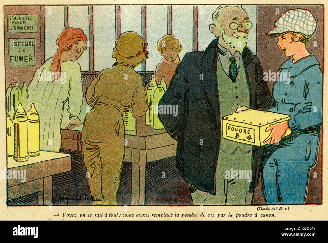 Cartoon, französische Frauen in der Munitionsfabrik, WW1 Stockfoto