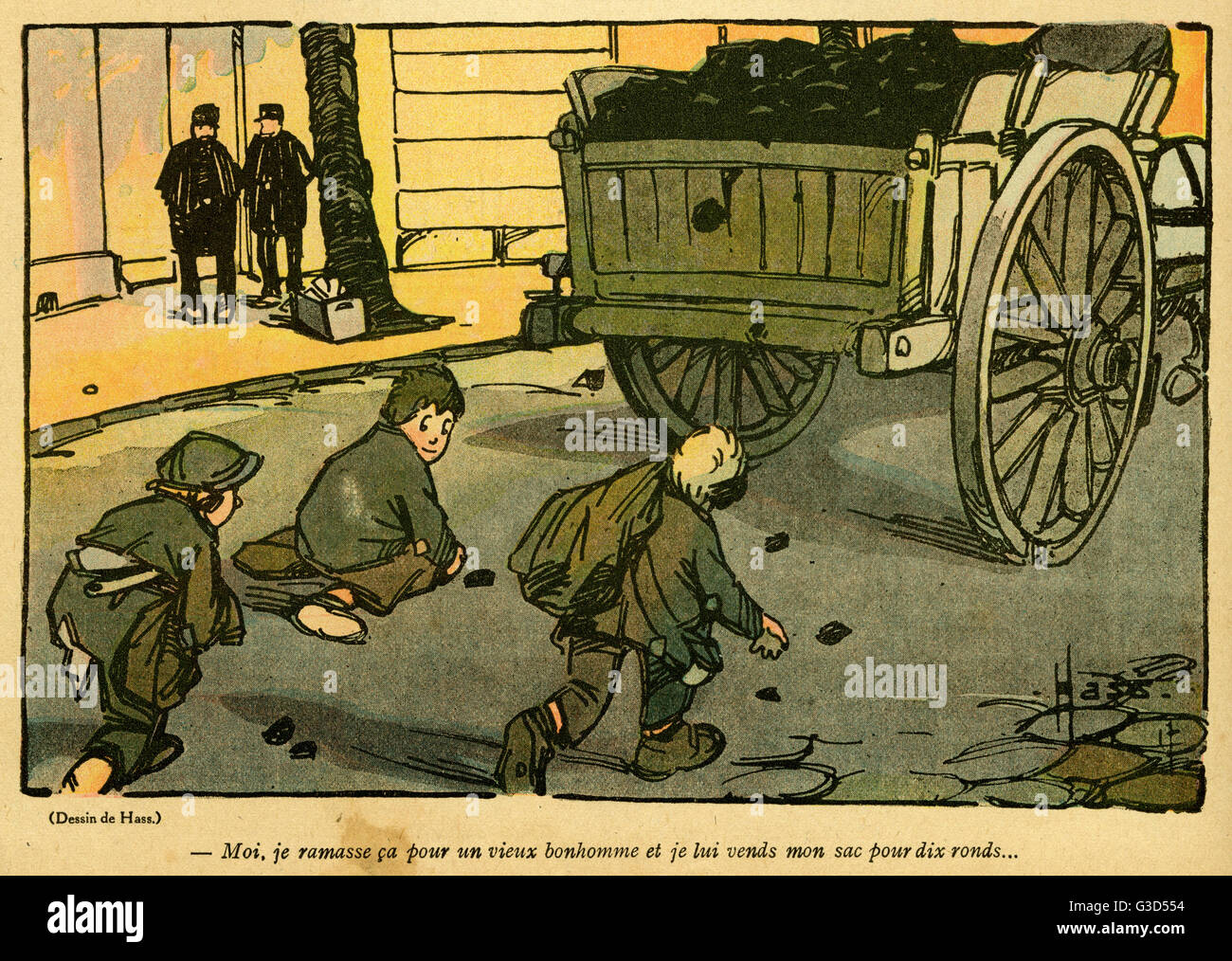 Cartoon, französische Jungs sammeln Kohle, WW1 Stockfoto