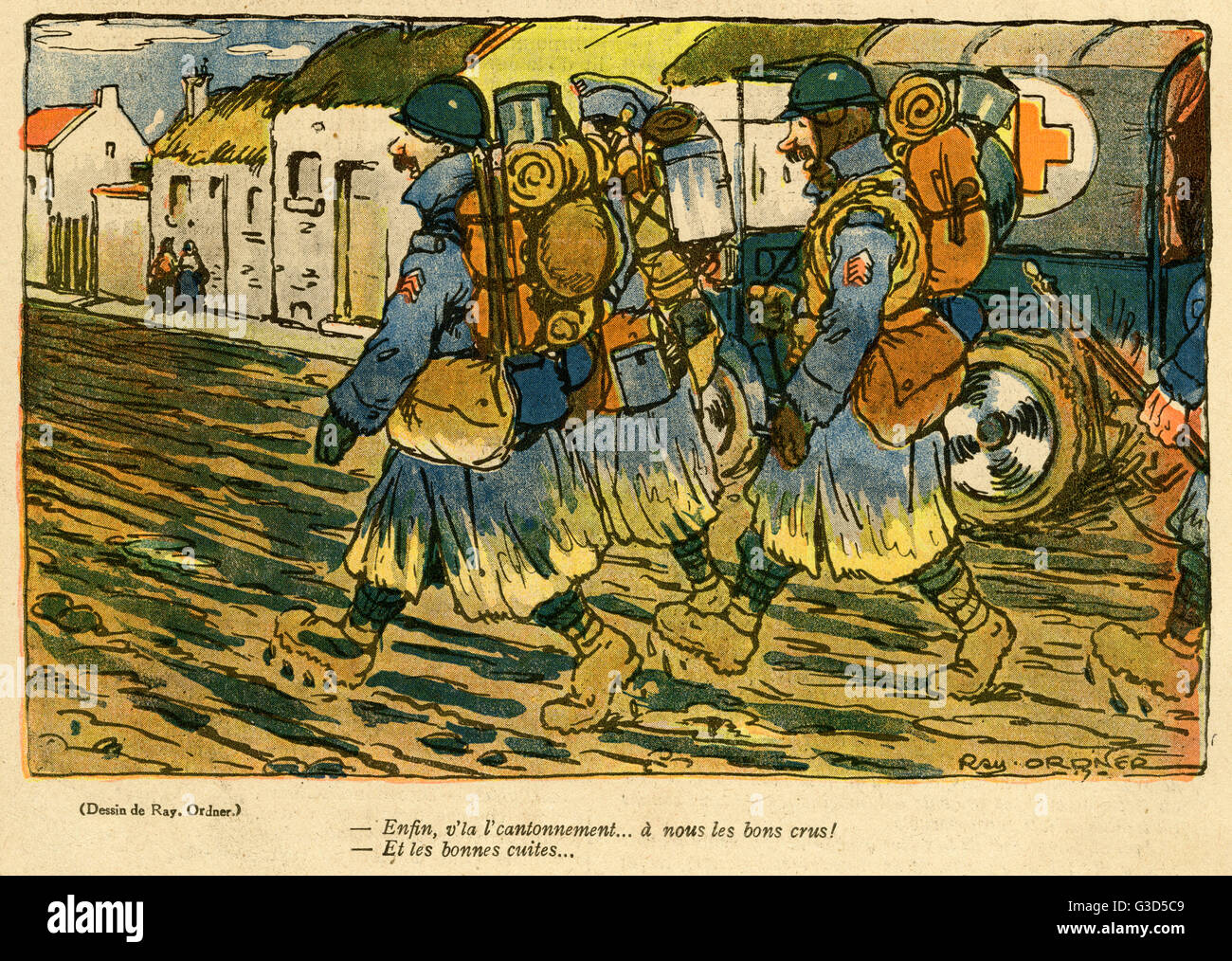 Cartoon, Soldaten nähern sich dem neuen Knüppel, WW1 Stockfoto