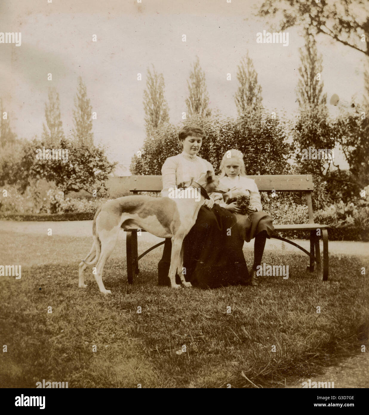 Frau und Mädchen mit Hund und Katze auf einer Gartenbank Stockfoto