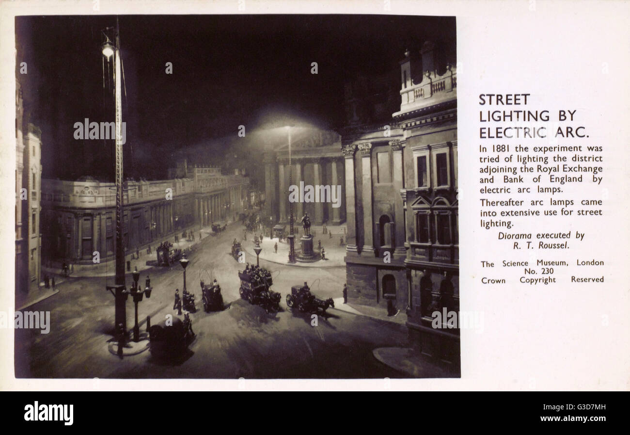 Diorama - Bank of England unter Electric Arc Street Lighting Stockfoto