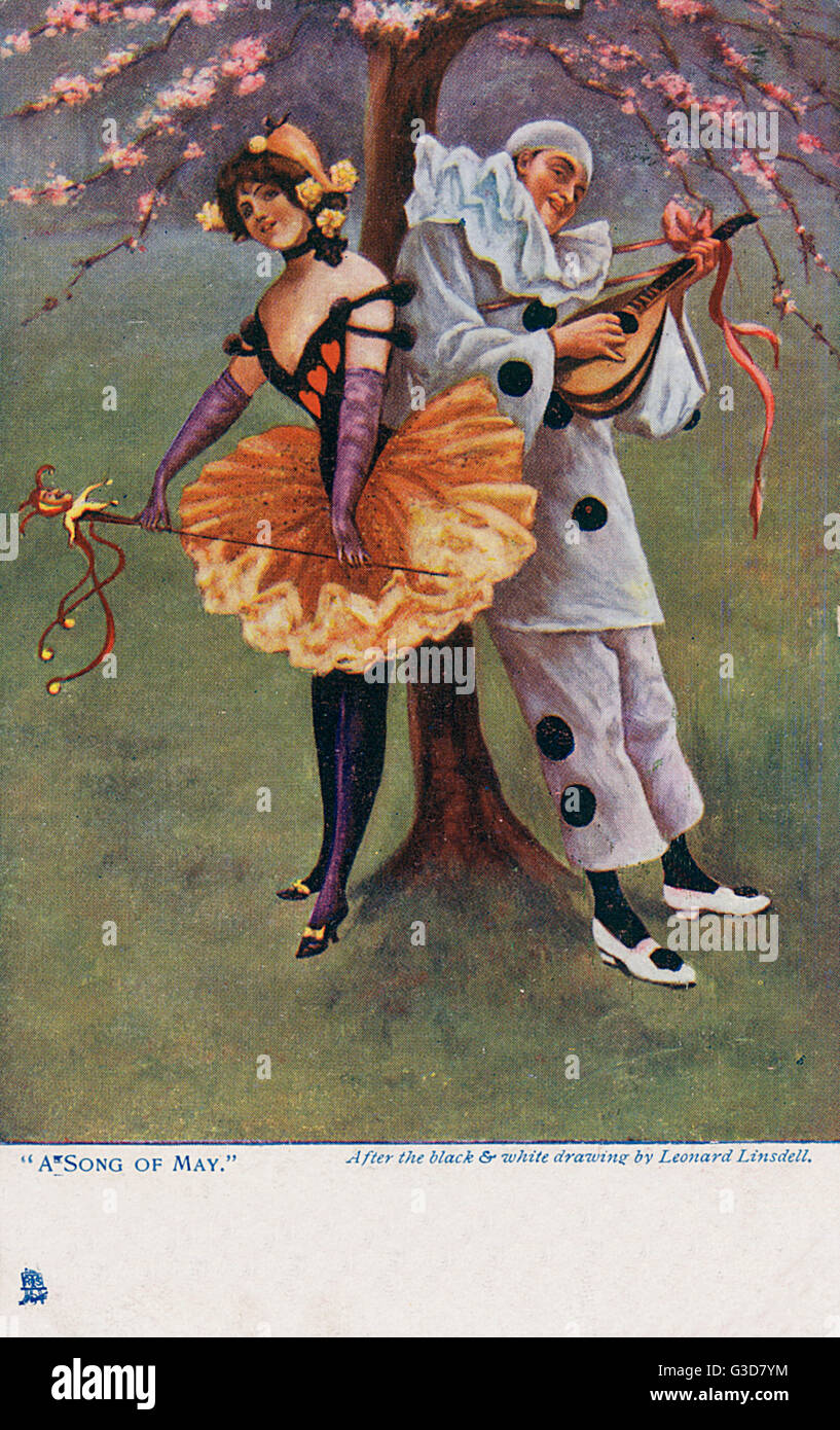Ein Mailied - ein Pierrot mit Laute und ein Karnevalsmädchen Stockfoto