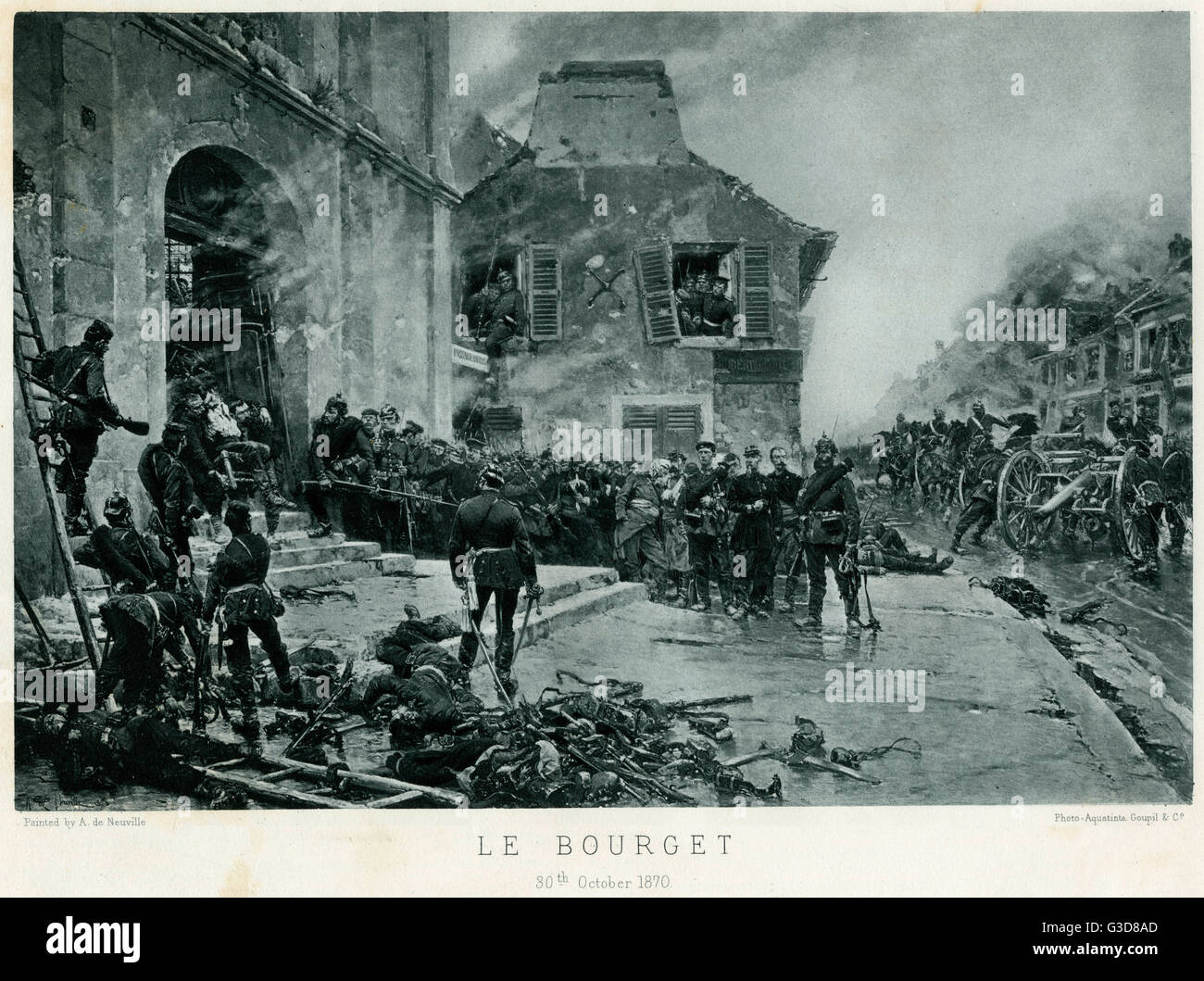 Schlacht von Bourget, Franco-Preussischer Krieg oder Deutsch-Französischen Krieg (1870-1871), preußischer Wachen mit Kriegsgefangenen in einem Dorf. Datum: 30. Oktober 1870 Stockfoto