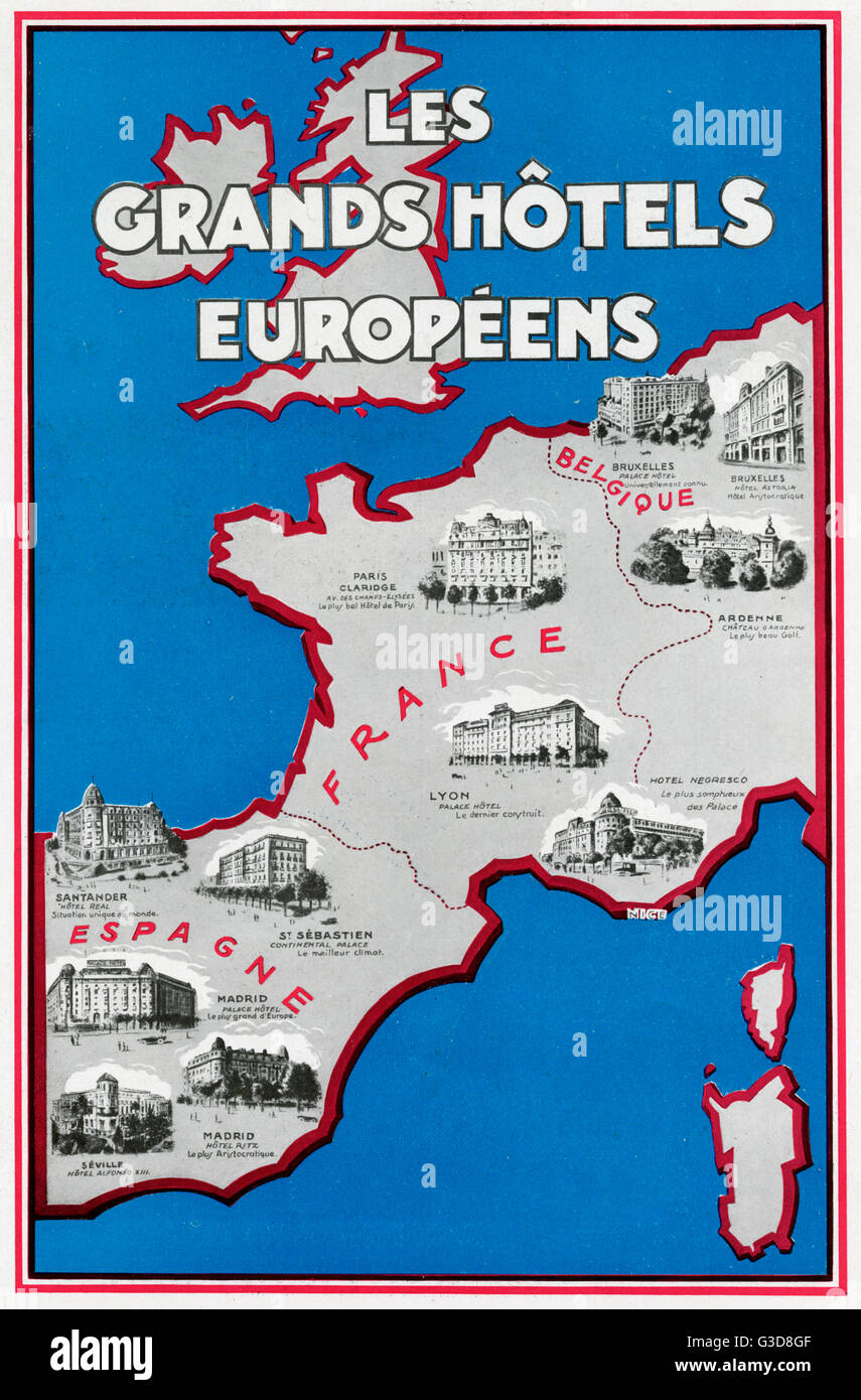 Werbung für europäische Hotels 1929 Stockfoto