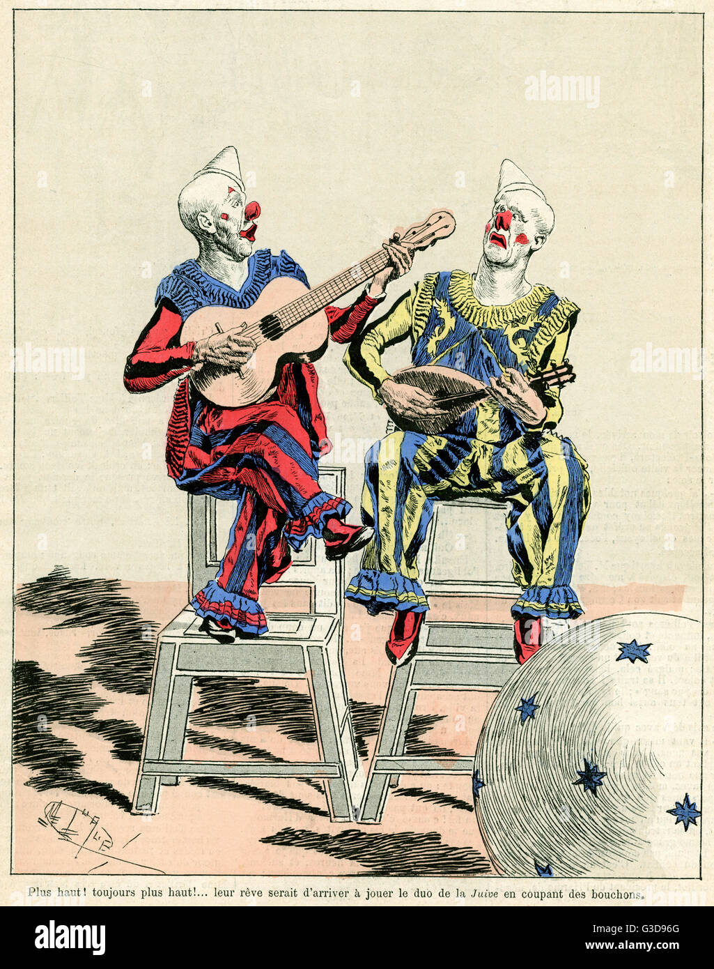 Im Zirkus spielen zwei Clowns Musikinstrumente 1888 Stockfoto